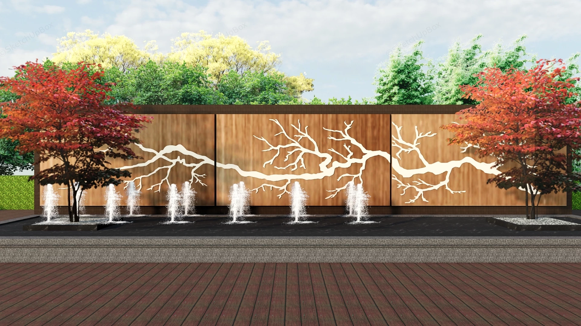 Outdoor Water Fountains With Decorative Feature Wall sketchup model preview - SketchupBox