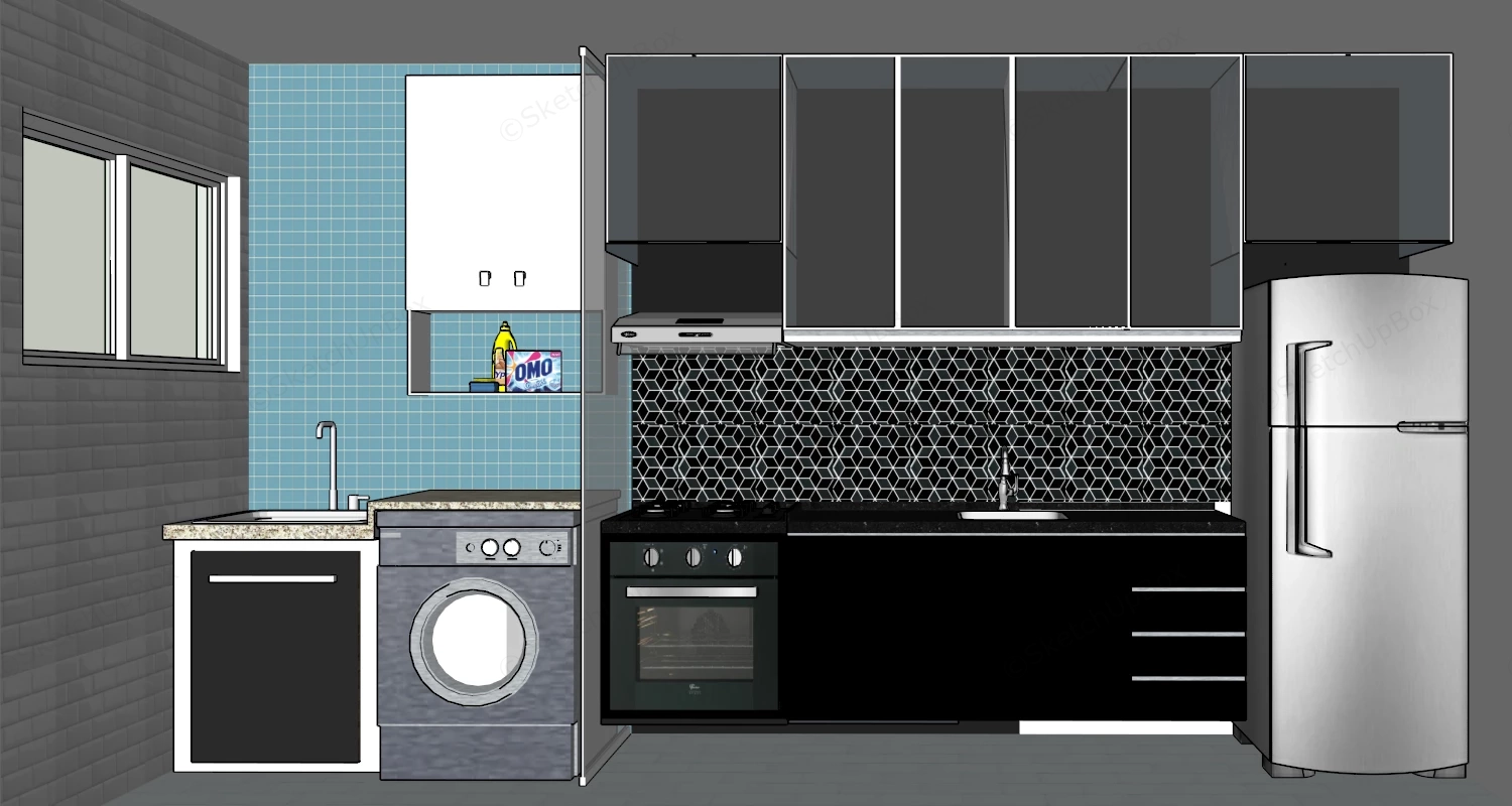 Modern Compact Kitchen With Laundry Zone sketchup model preview - SketchupBox