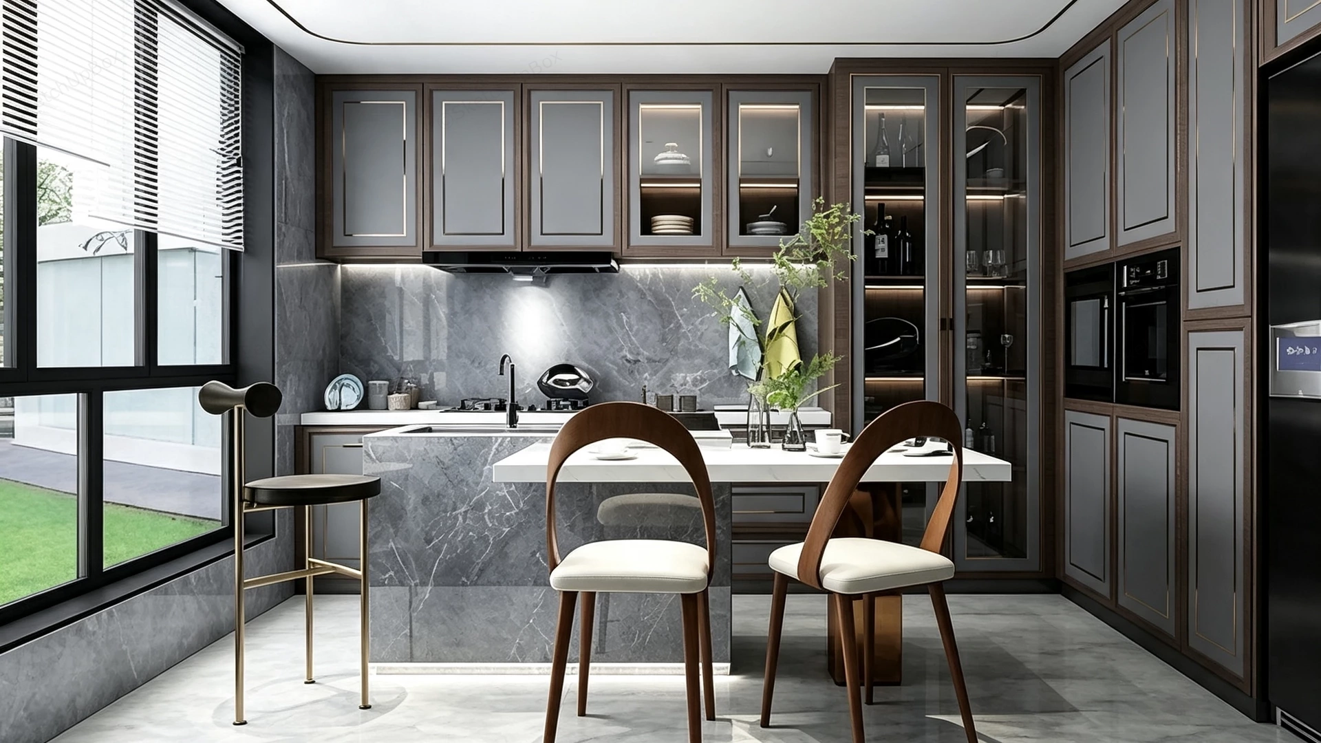 Modern Grey Kitchen And Dining Layout sketchup model preview - SketchupBox