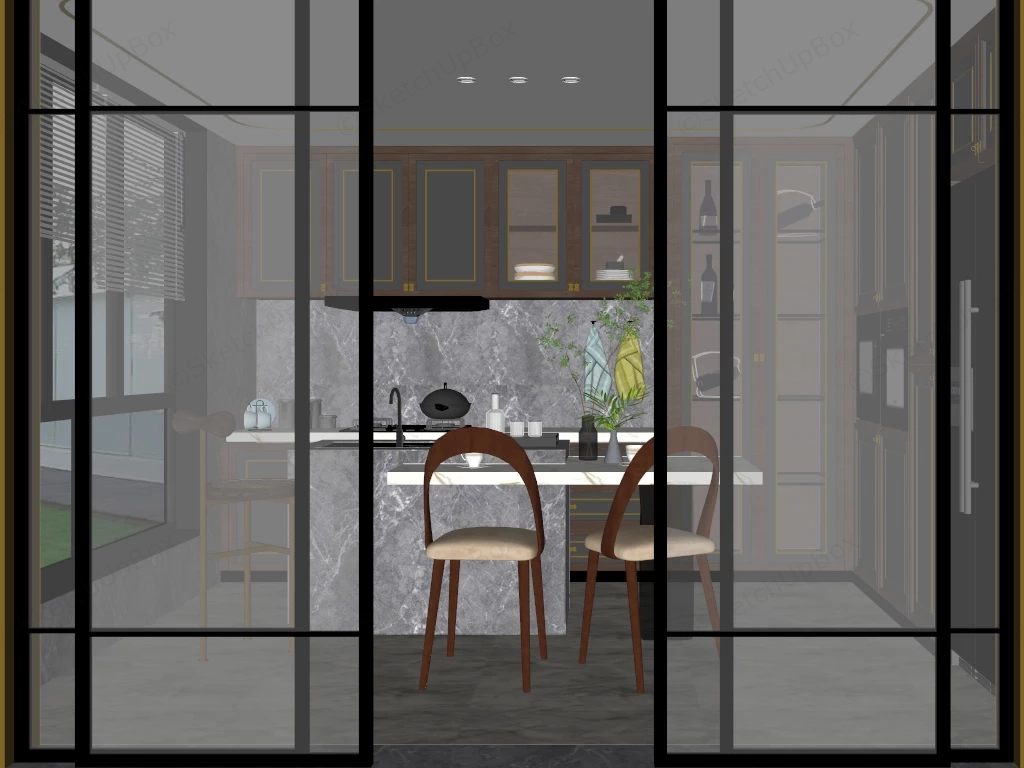 Modern Grey Kitchen And Dining Layout sketchup model preview - SketchupBox