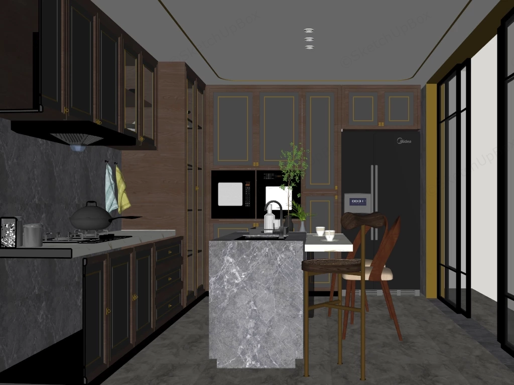 Modern Grey Kitchen And Dining Layout sketchup model preview - SketchupBox