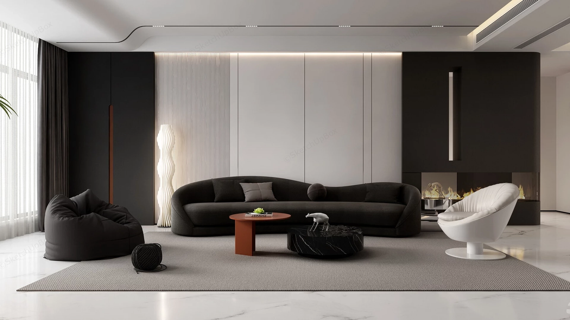 Minimalist Black And White Living Room sketchup model preview - SketchupBox