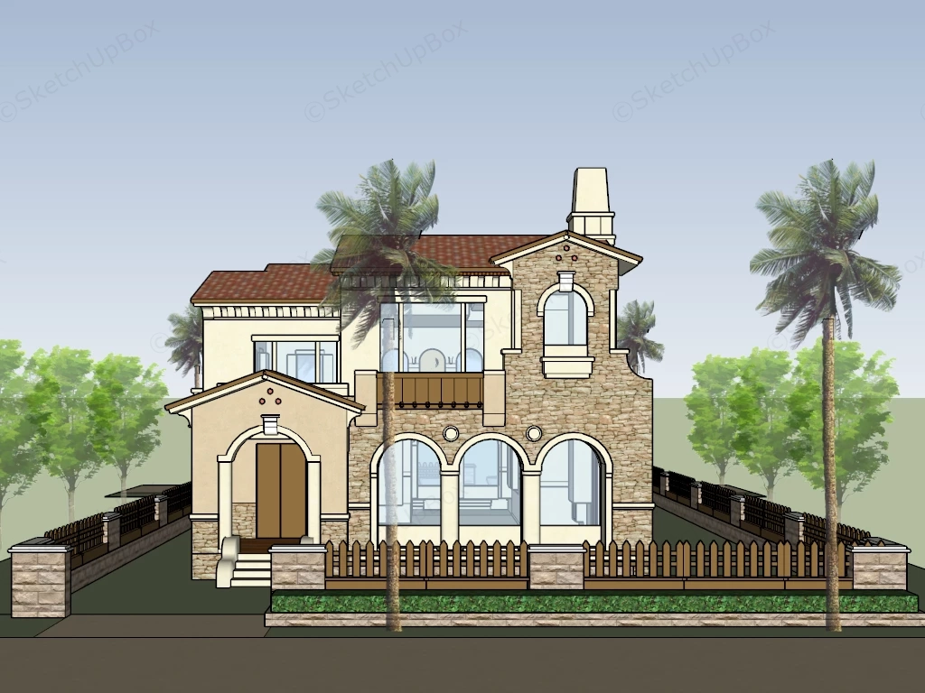 Luxury Two Story Mediterranean Style House sketchup model preview - SketchupBox