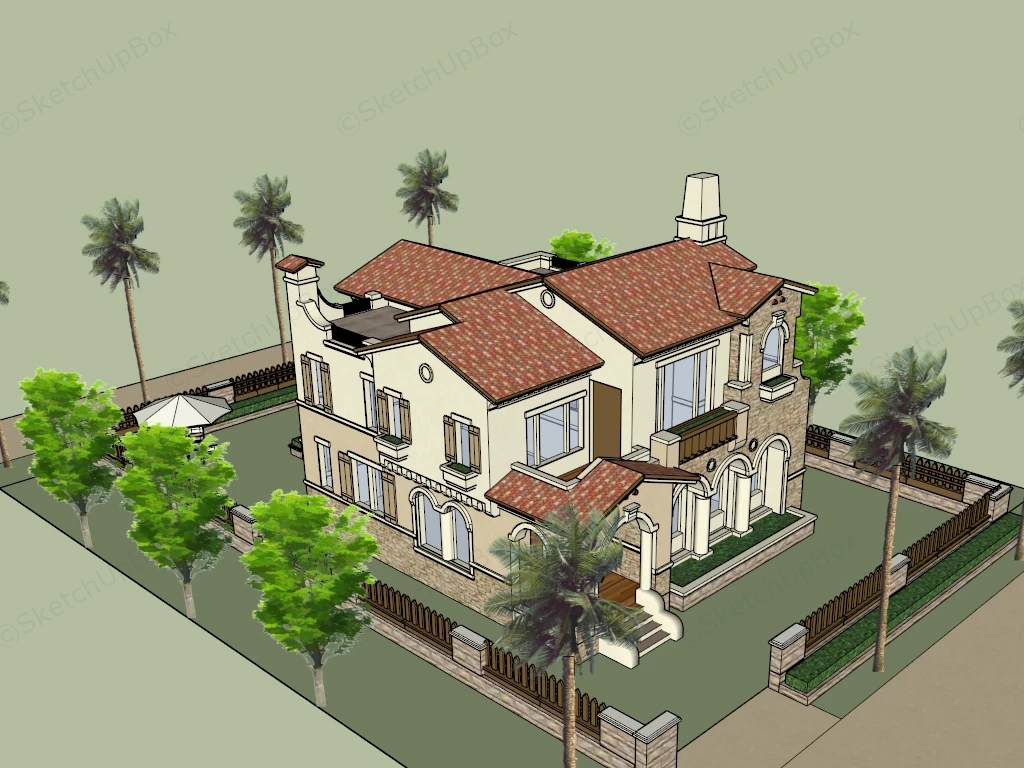 Luxury Two Story Mediterranean Style House sketchup model preview - SketchupBox