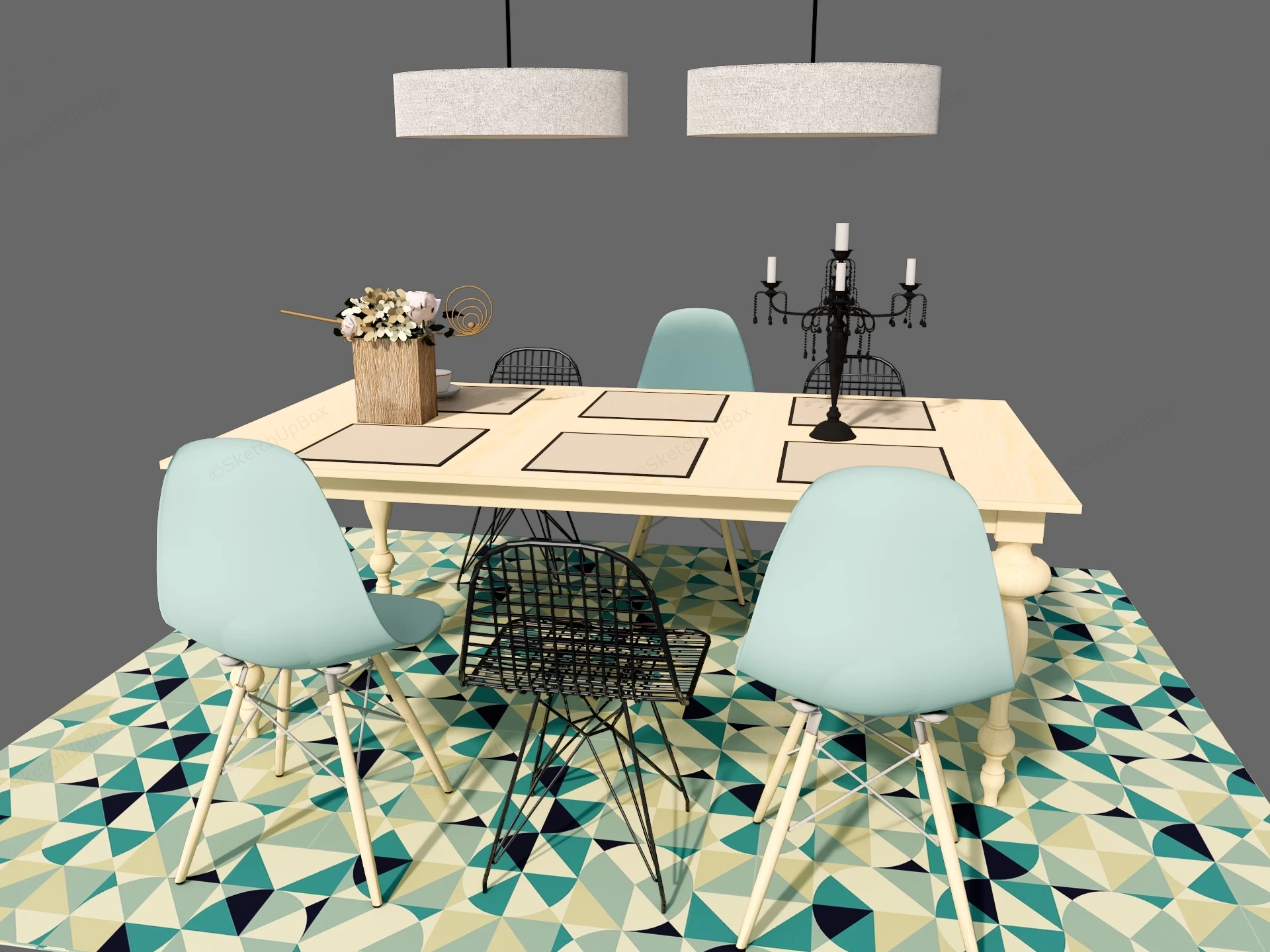 Mid Century Modern Dining Room Set sketchup model preview - SketchupBox