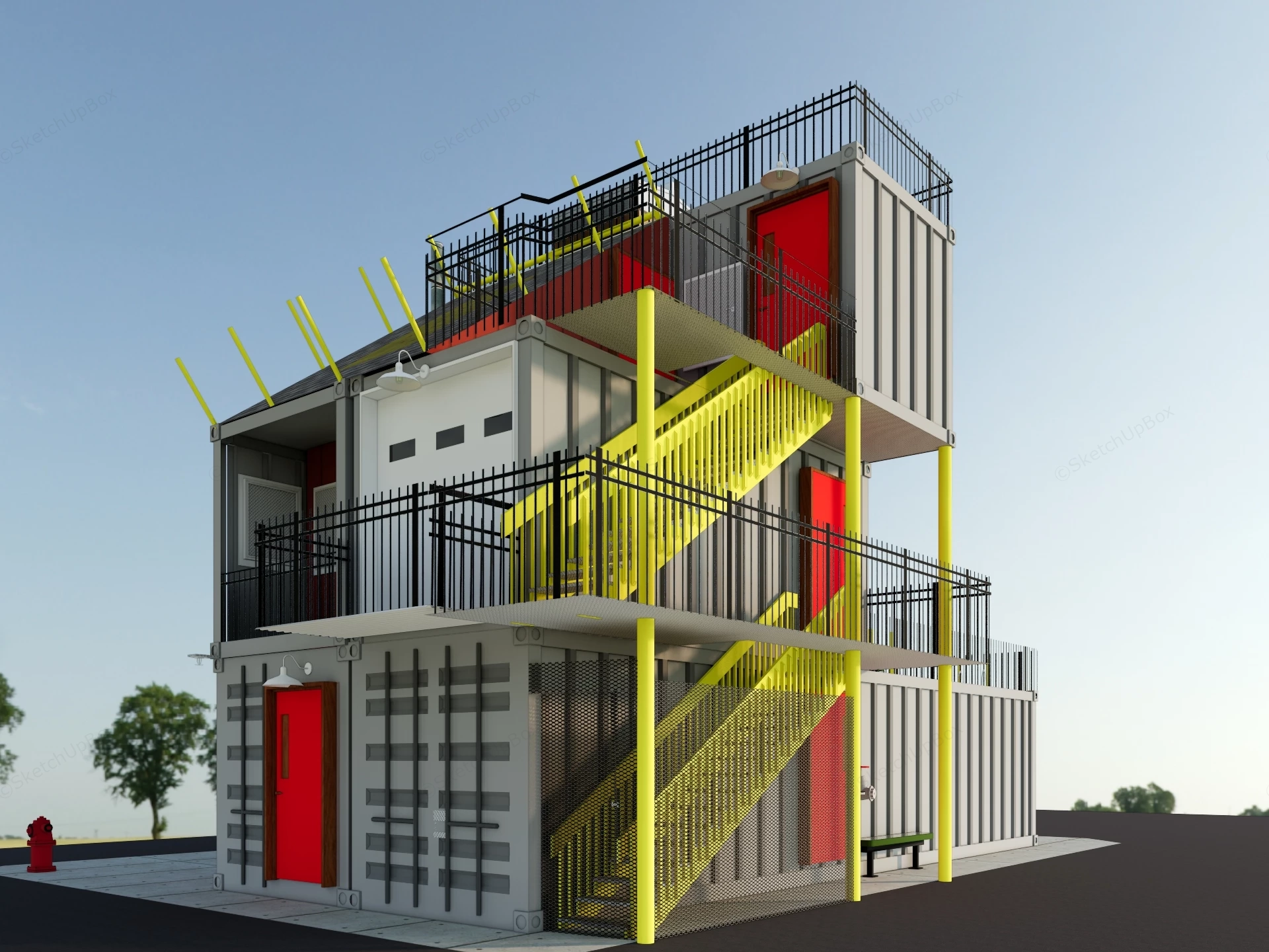 Three Story Industrial Container Building sketchup model preview - SketchupBox