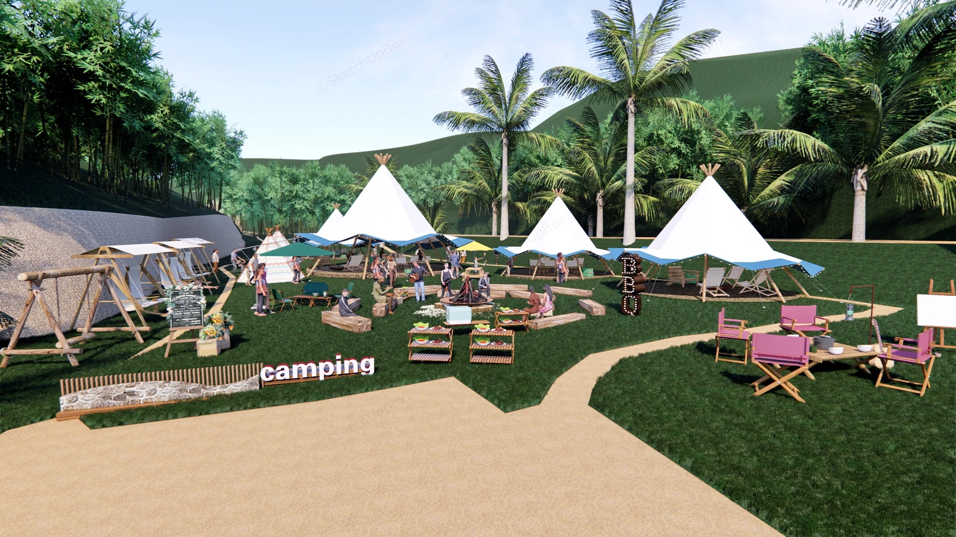 Tropical Glamping And Outdoor Event Site sketchup model preview - SketchupBox