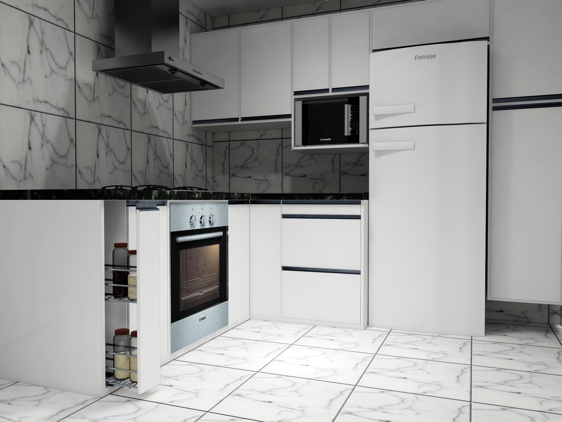 Monochromatic L Shaped Compact Kitchen sketchup model preview - SketchupBox