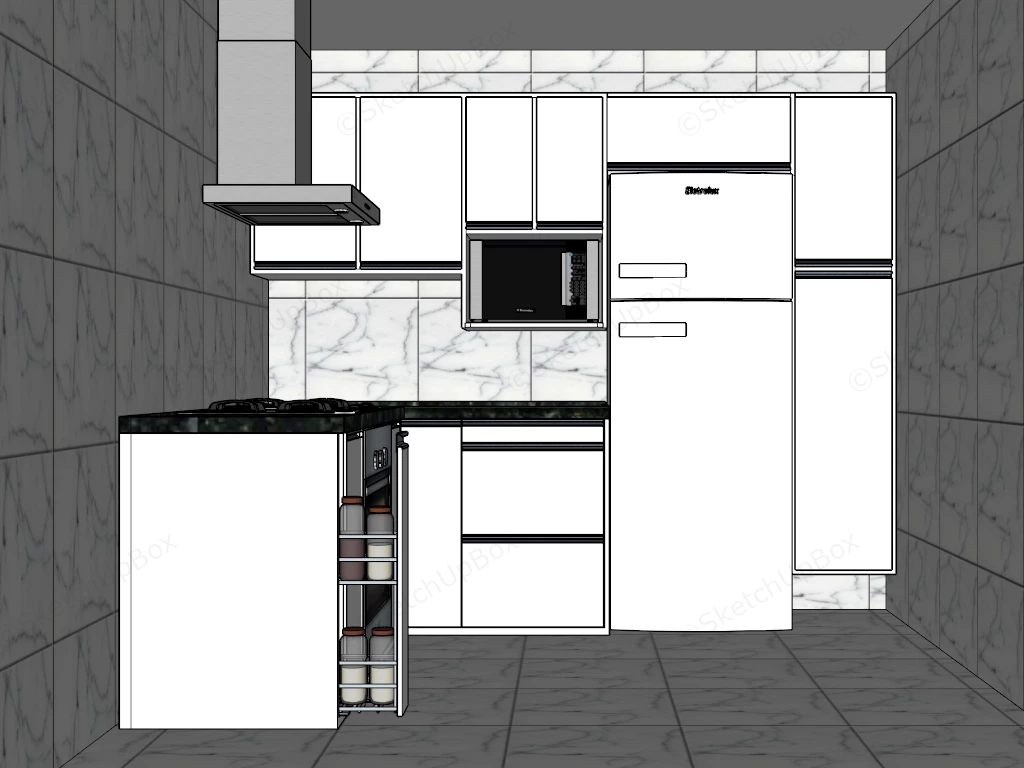 Monochromatic L Shaped Compact Kitchen sketchup model preview - SketchupBox