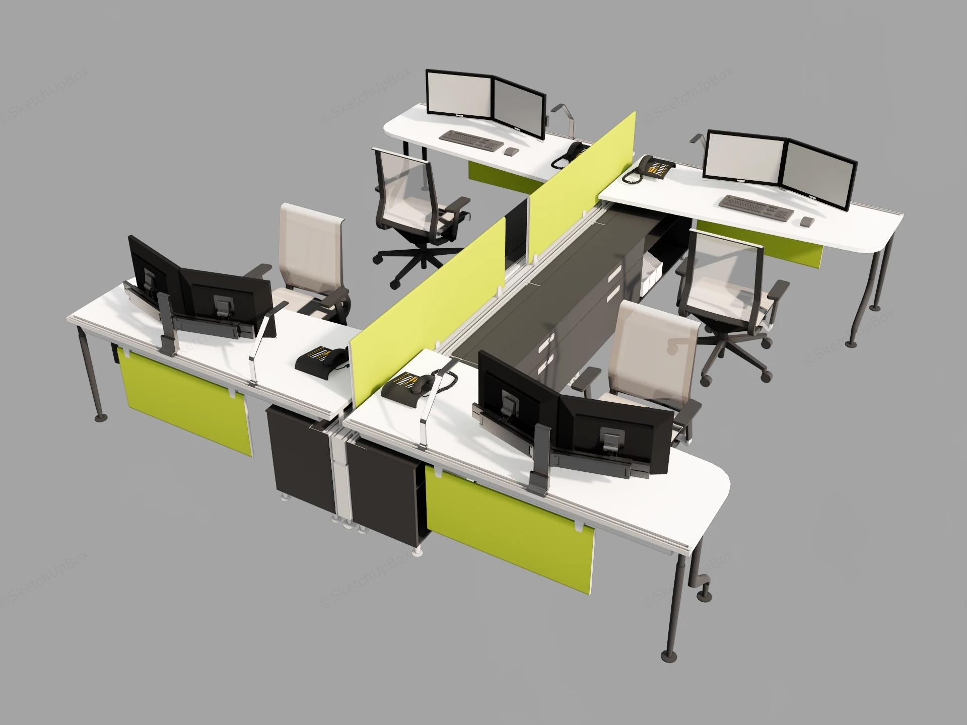 Modular 4 Person Office Workstation Cluster sketchup model preview - SketchupBox