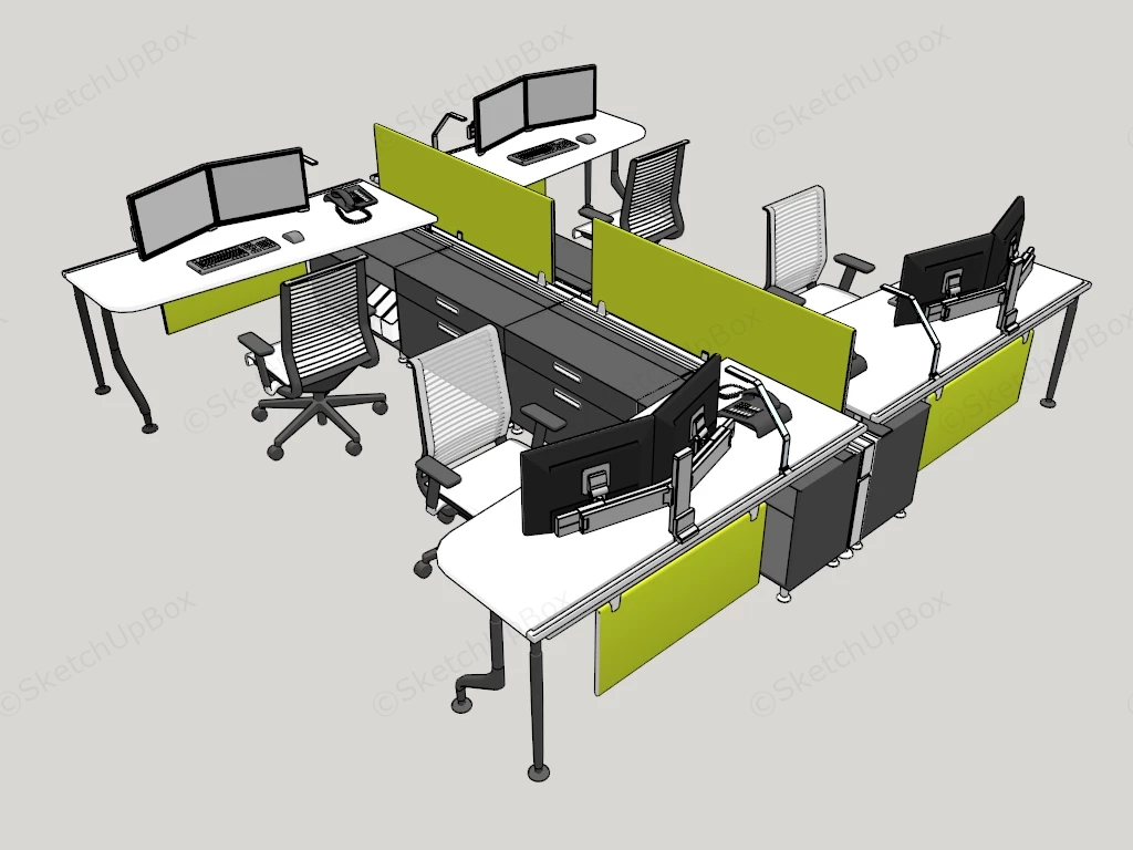 Modular 4 Person Office Workstation Cluster sketchup model preview - SketchupBox