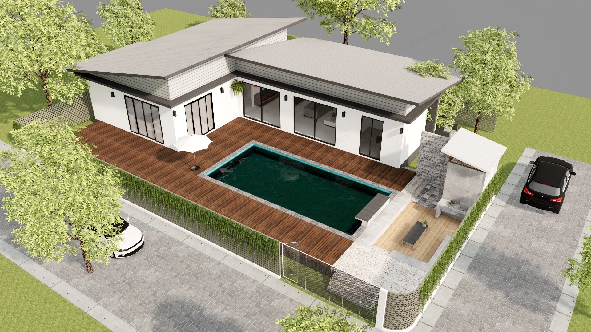 Modern L Shaped House With Pool sketchup model preview - SketchupBox