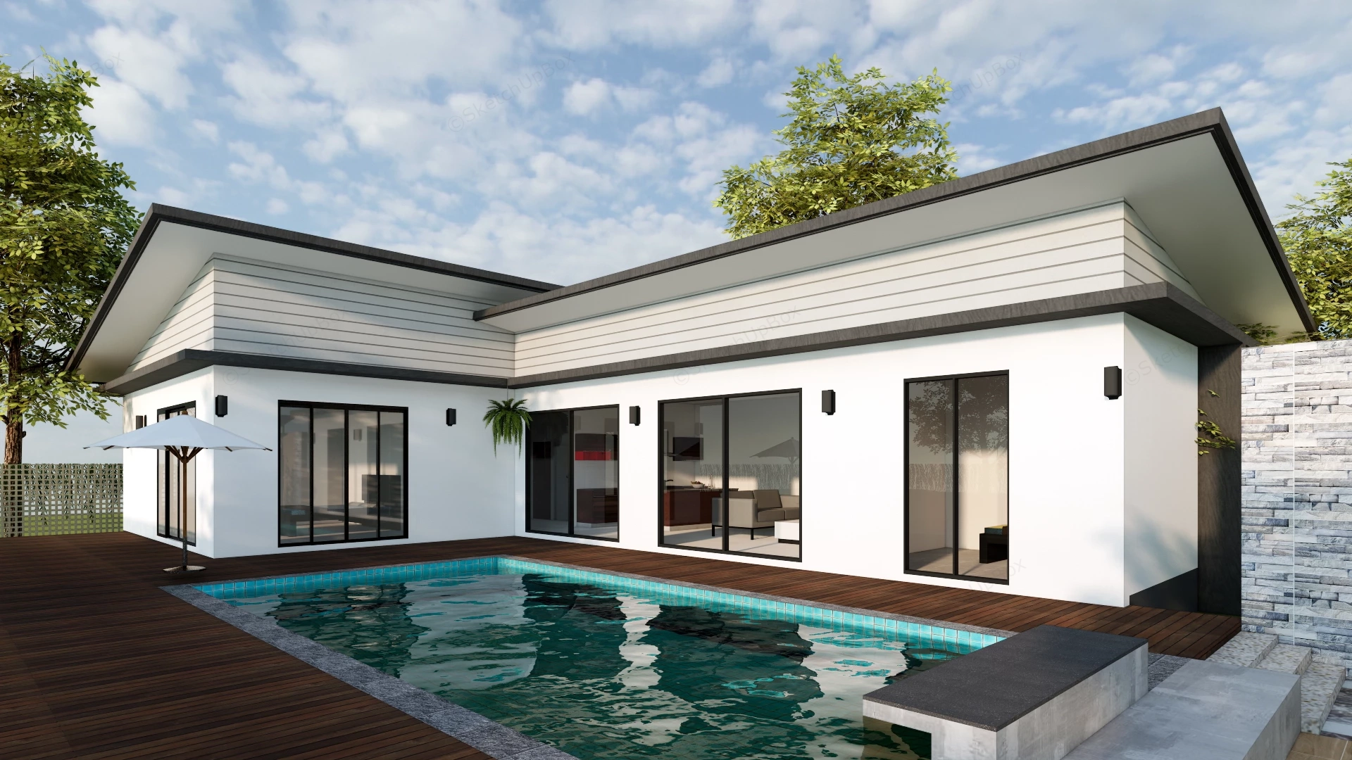 Modern L Shaped House With Pool sketchup model preview - SketchupBox