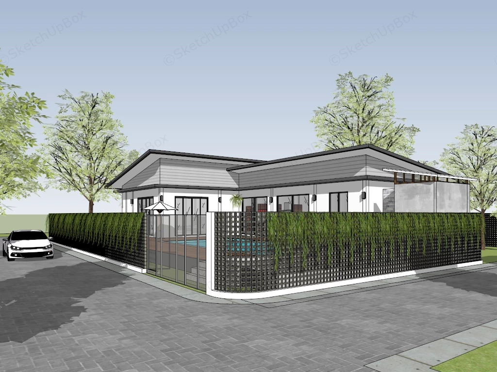 Modern L Shaped House With Pool sketchup model preview - SketchupBox