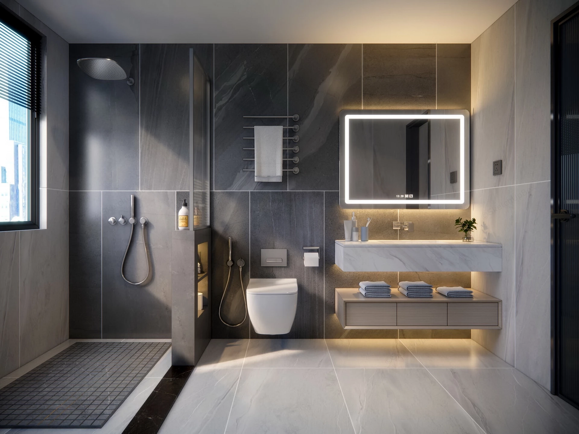 Luxury Modern Bathroom With Dark Wall sketchup model preview - SketchupBox