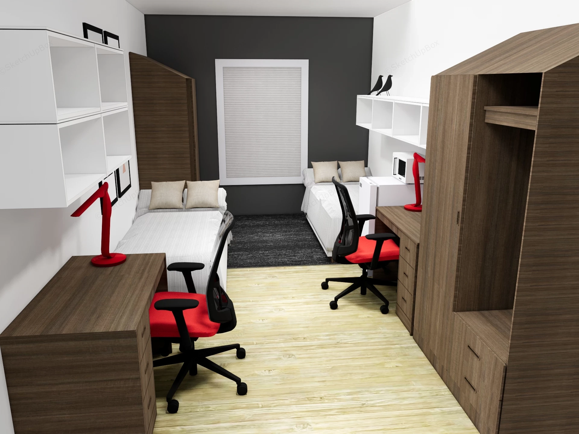 Modern Dormitory Room With Two Beds sketchup model preview - SketchupBox
