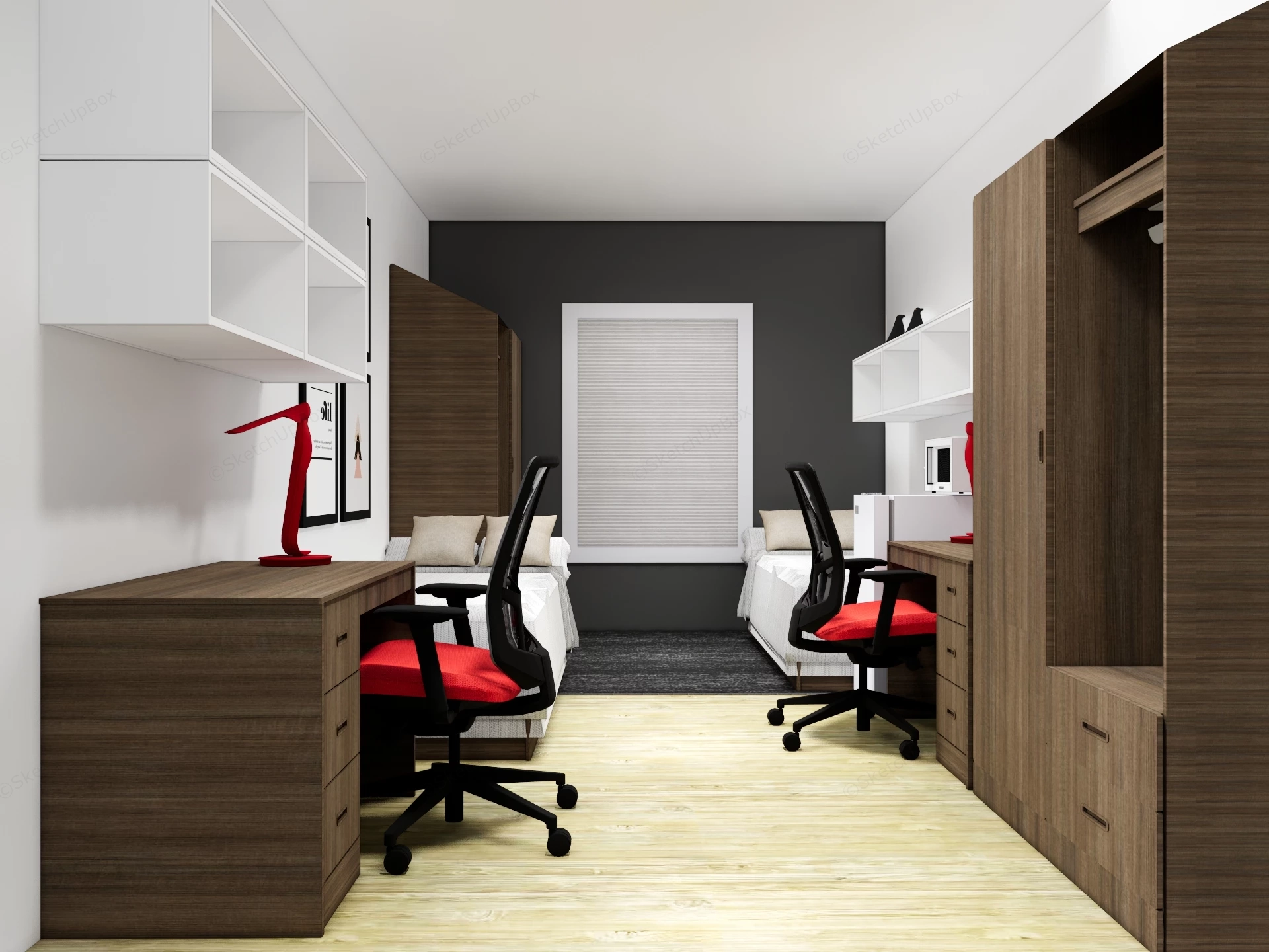 Modern Dormitory Room With Two Beds sketchup model preview - SketchupBox
