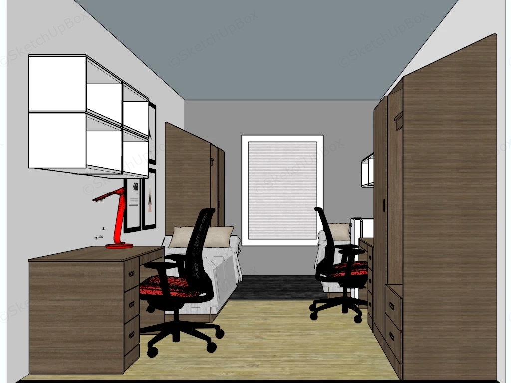 Modern Dormitory Room With Two Beds sketchup model preview - SketchupBox
