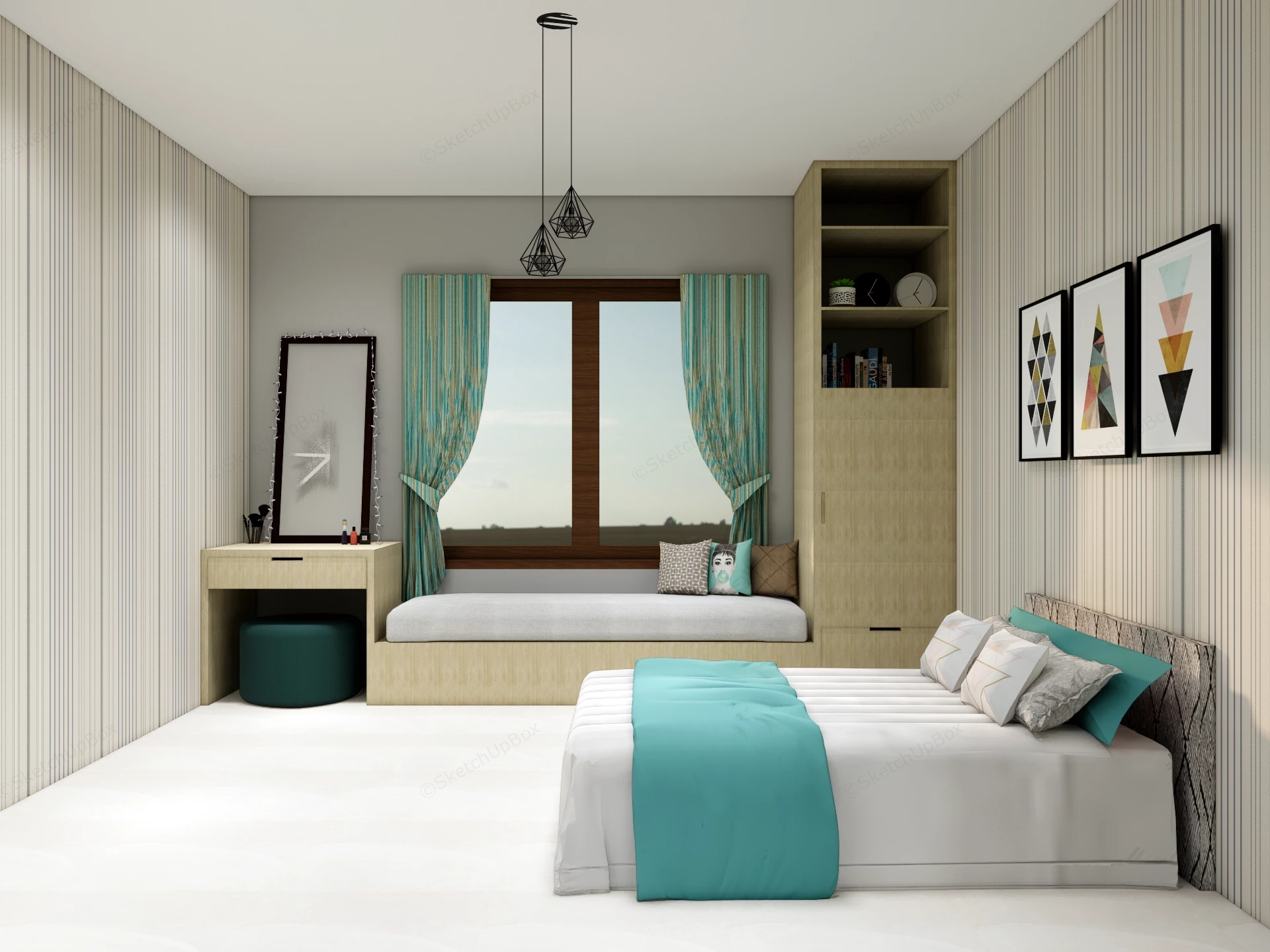 Modern Teal And Beige Bedroom sketchup model preview - SketchupBox