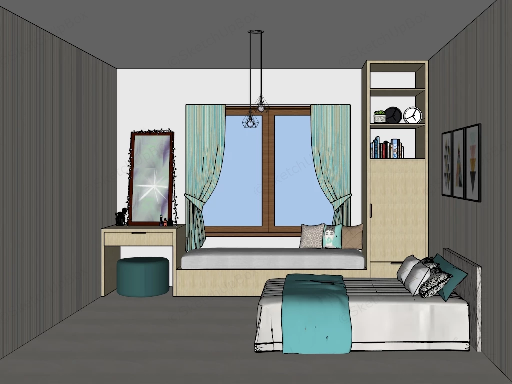 Modern Teal And Beige Bedroom sketchup model preview - SketchupBox