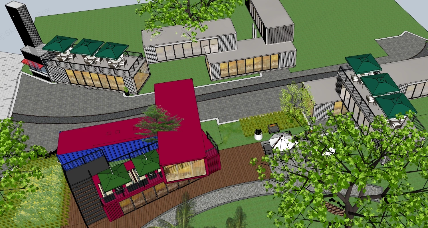 Modern Commercial Shipping Container Park sketchup model preview - SketchupBox