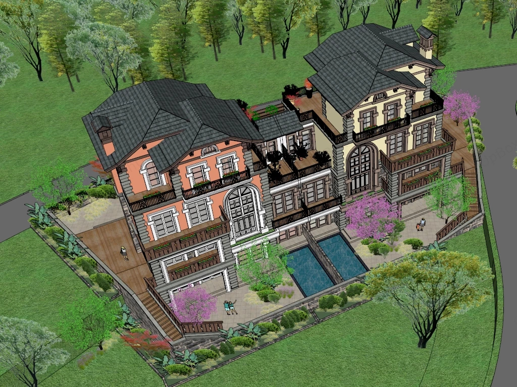 Fancy Symmetrical Dual Villa Structure sketchup model preview - SketchupBox