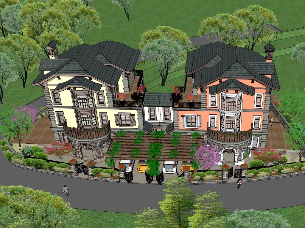 Fancy Symmetrical Dual Villa Structure sketchup model preview - SketchupBox