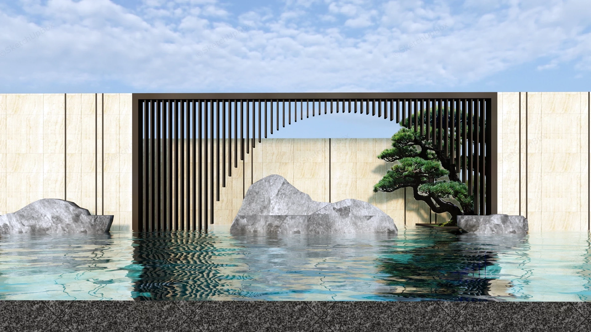 Modern Asian Inspired Courtyard Water Feature sketchup model preview - SketchupBox