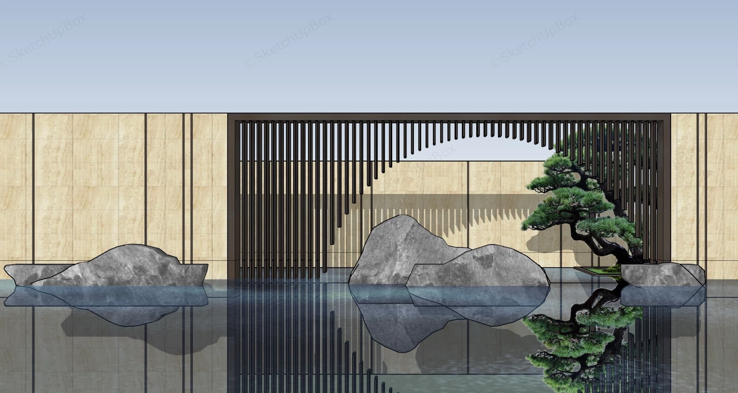 Modern Asian Inspired Courtyard Water Feature sketchup model preview - SketchupBox