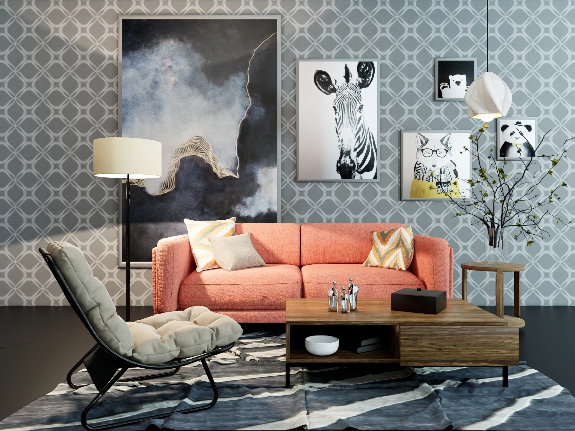 Vibrant Modern Mid Century Living Room sketchup model preview - SketchupBox
