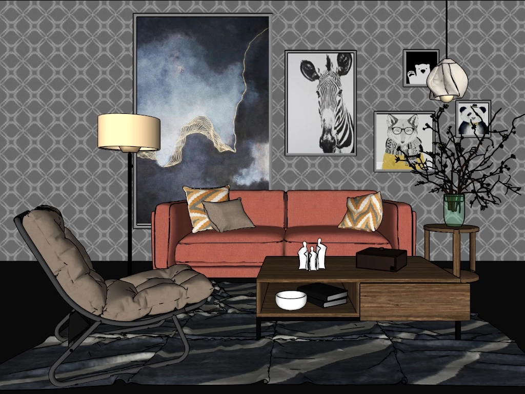 Vibrant Modern Mid Century Living Room sketchup model preview - SketchupBox