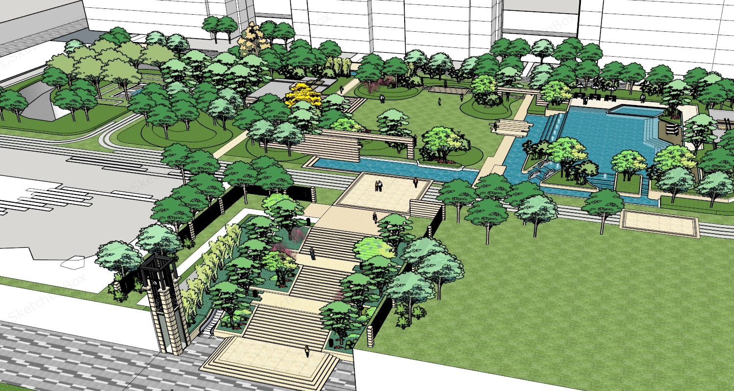 Residential Neighborhood Landscaped Park sketchup model preview - SketchupBox