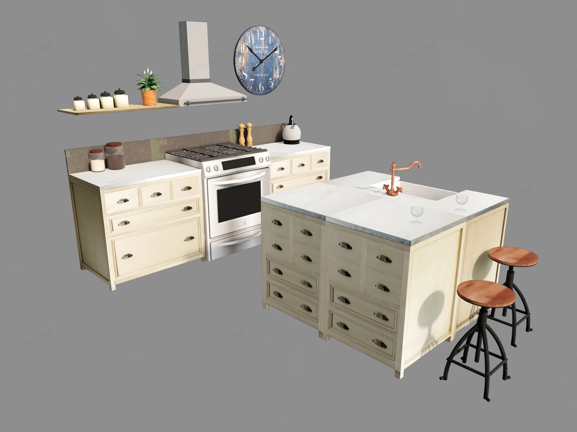 Cottage Style Kitchen With Island sketchup model preview - SketchupBox
