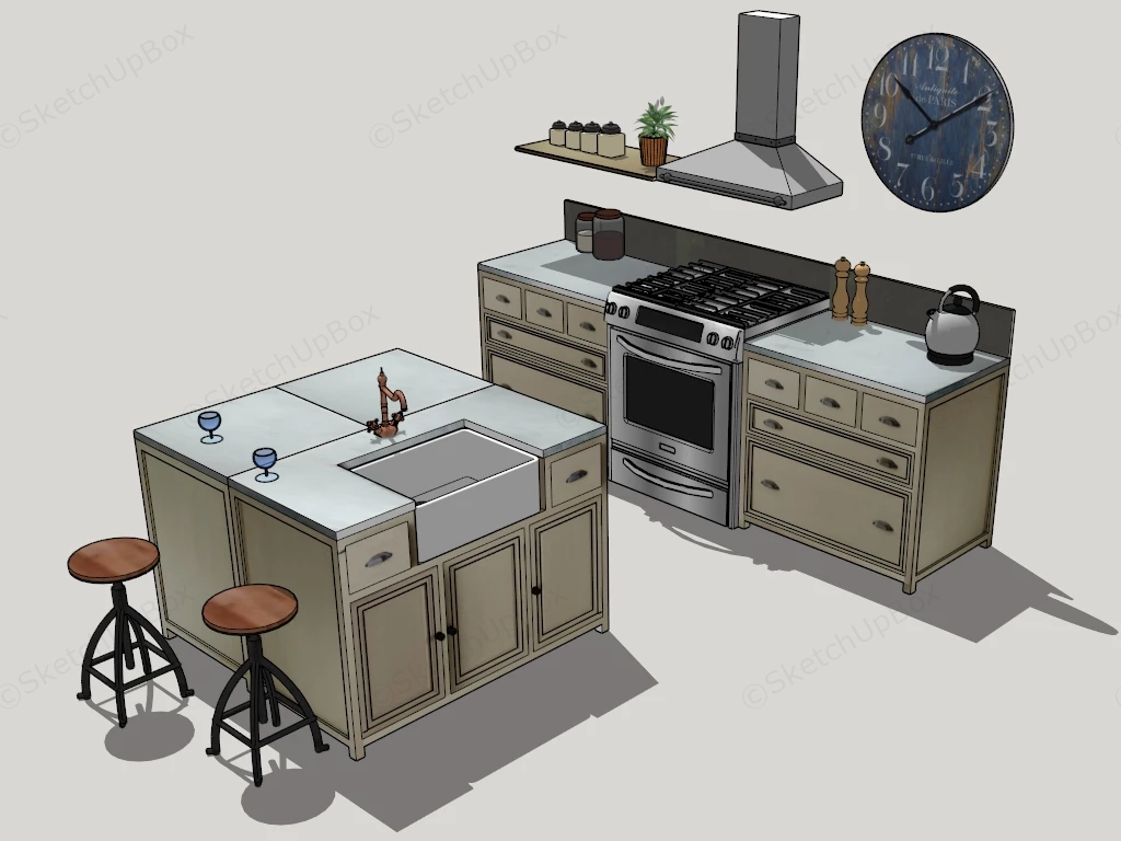 Cottage Style Kitchen With Island sketchup model preview - SketchupBox