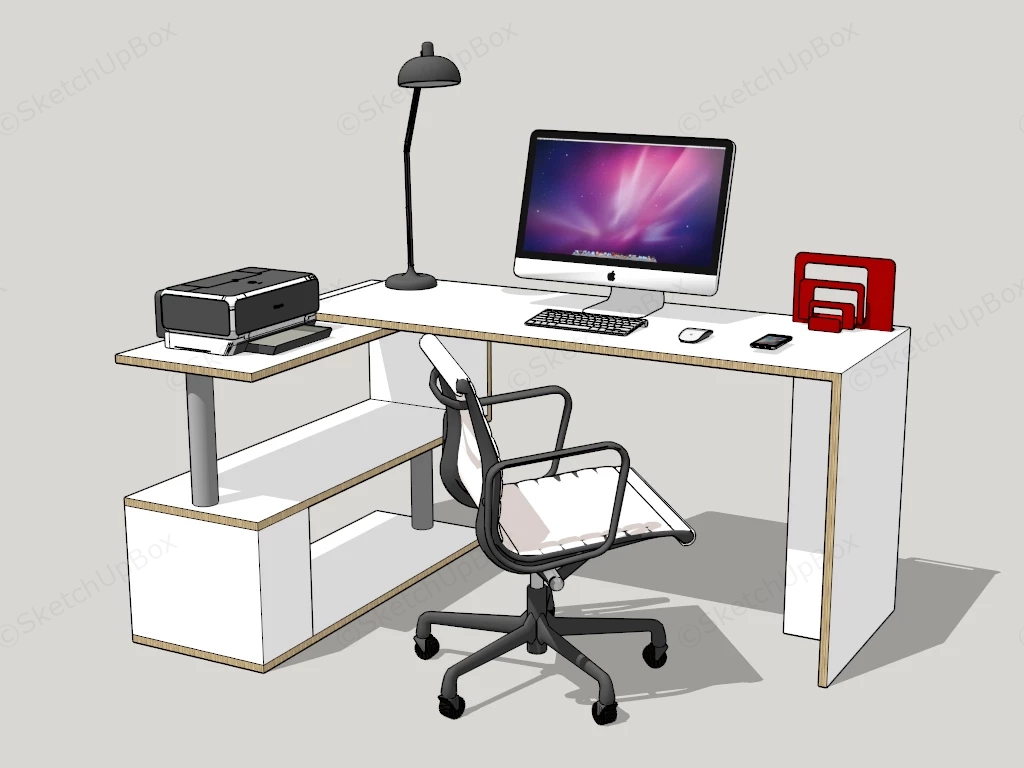 Modern L Shaped Office Desk Setup With Computer sketchup model preview - SketchupBox