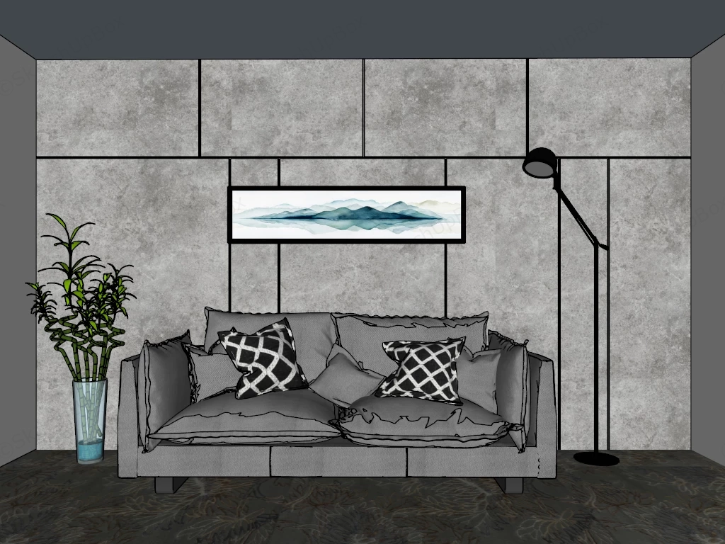 Comfy Grey Linen Deep Seat Couch sketchup model preview - SketchupBox