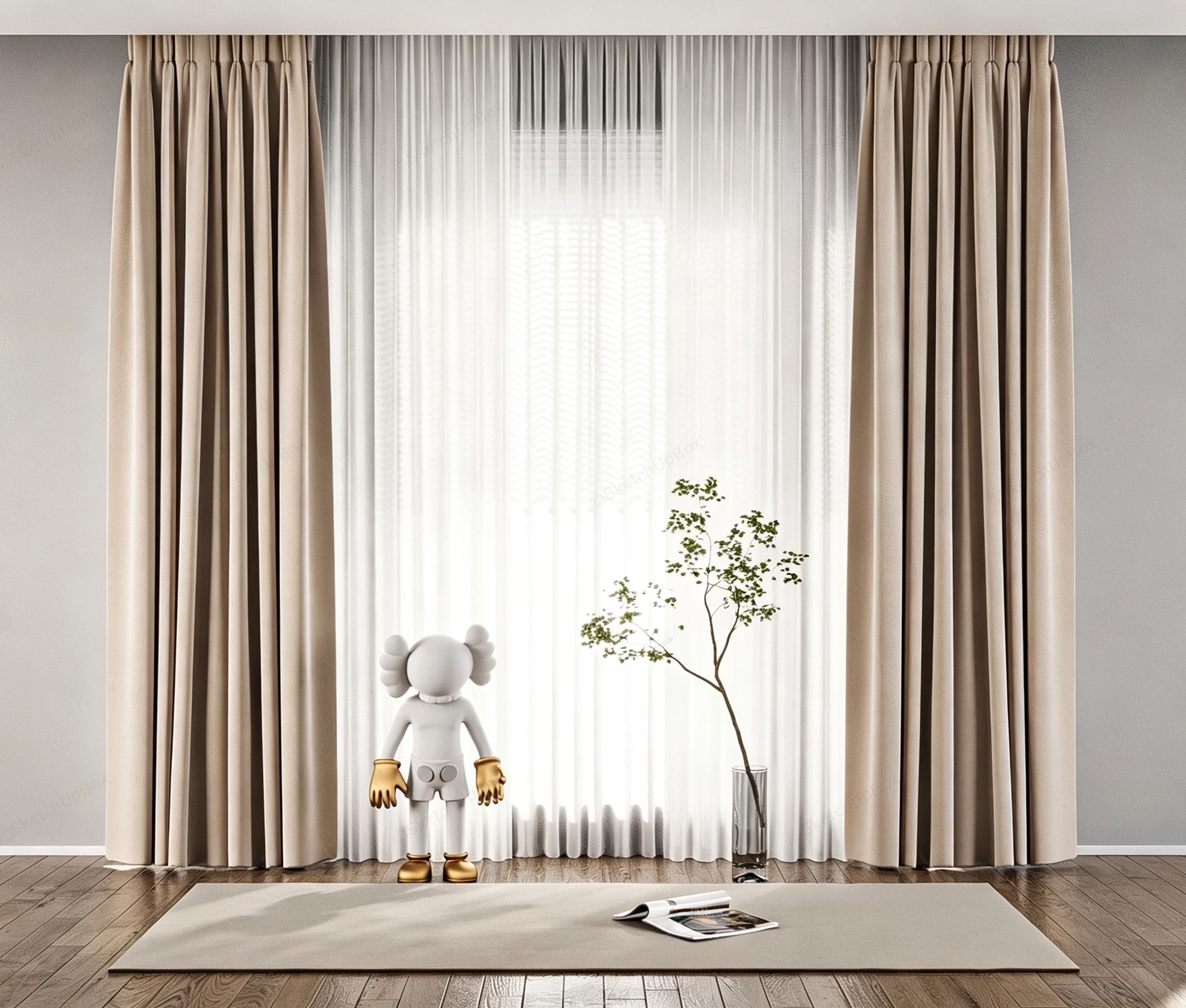 Minimalist Living Room With Beige Curtains sketchup model preview - SketchupBox