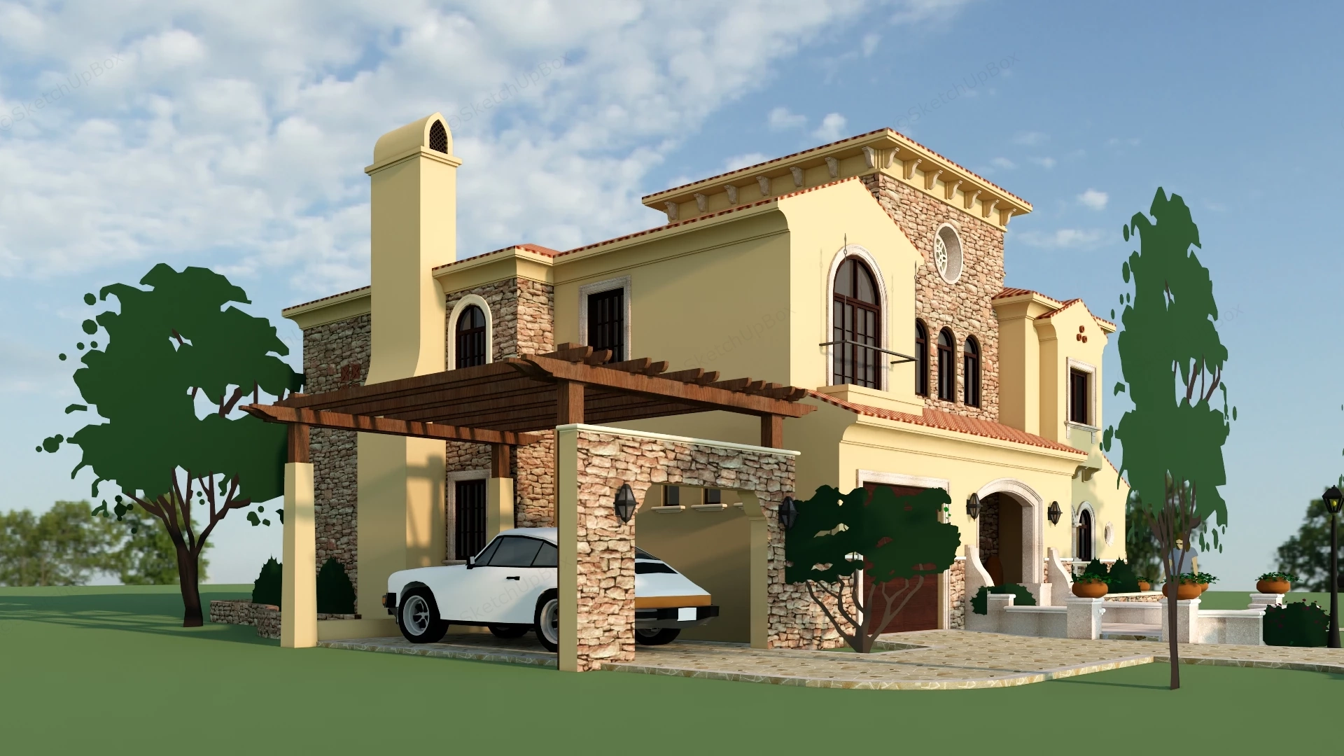 Spanish Mediterranean Luxury Villa sketchup model preview - SketchupBox