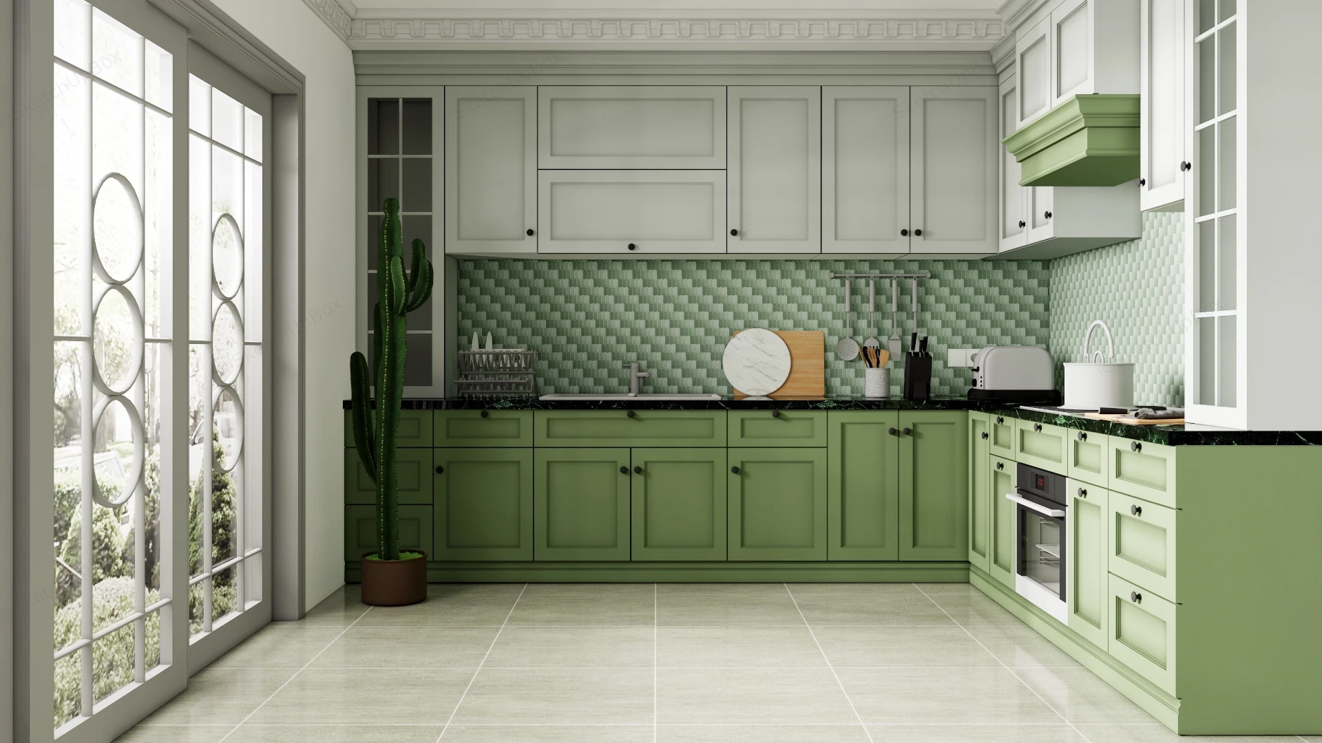 Modern L Shaped Green Kitchen sketchup model preview - SketchupBox