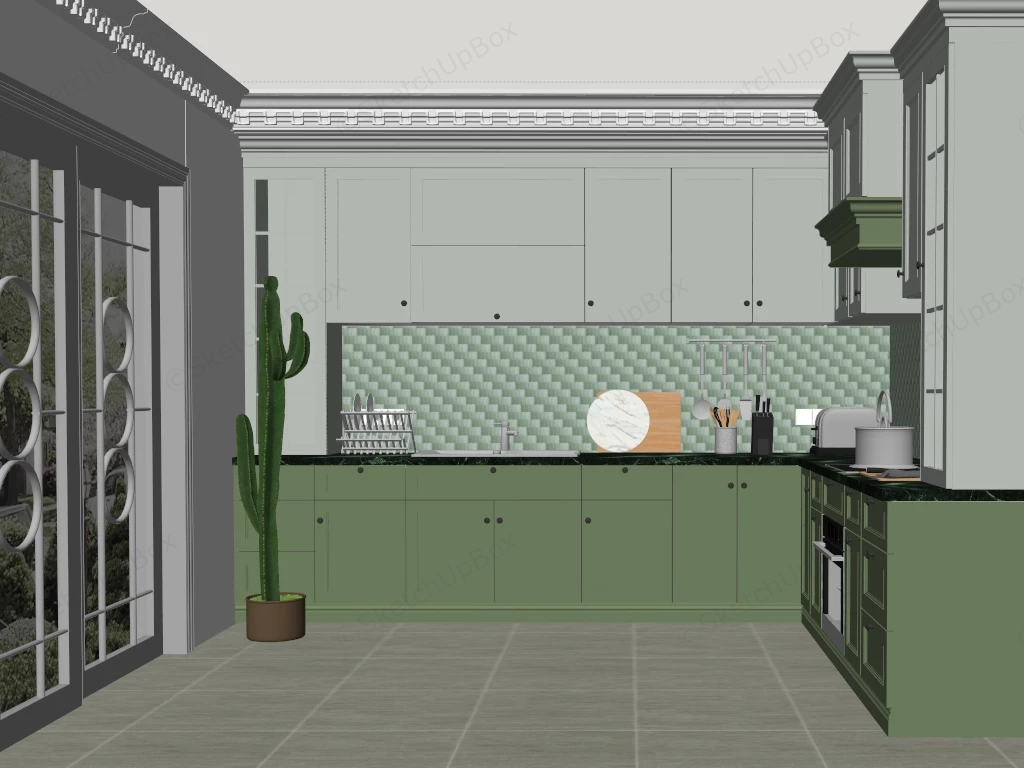 Modern L Shaped Green Kitchen sketchup model preview - SketchupBox