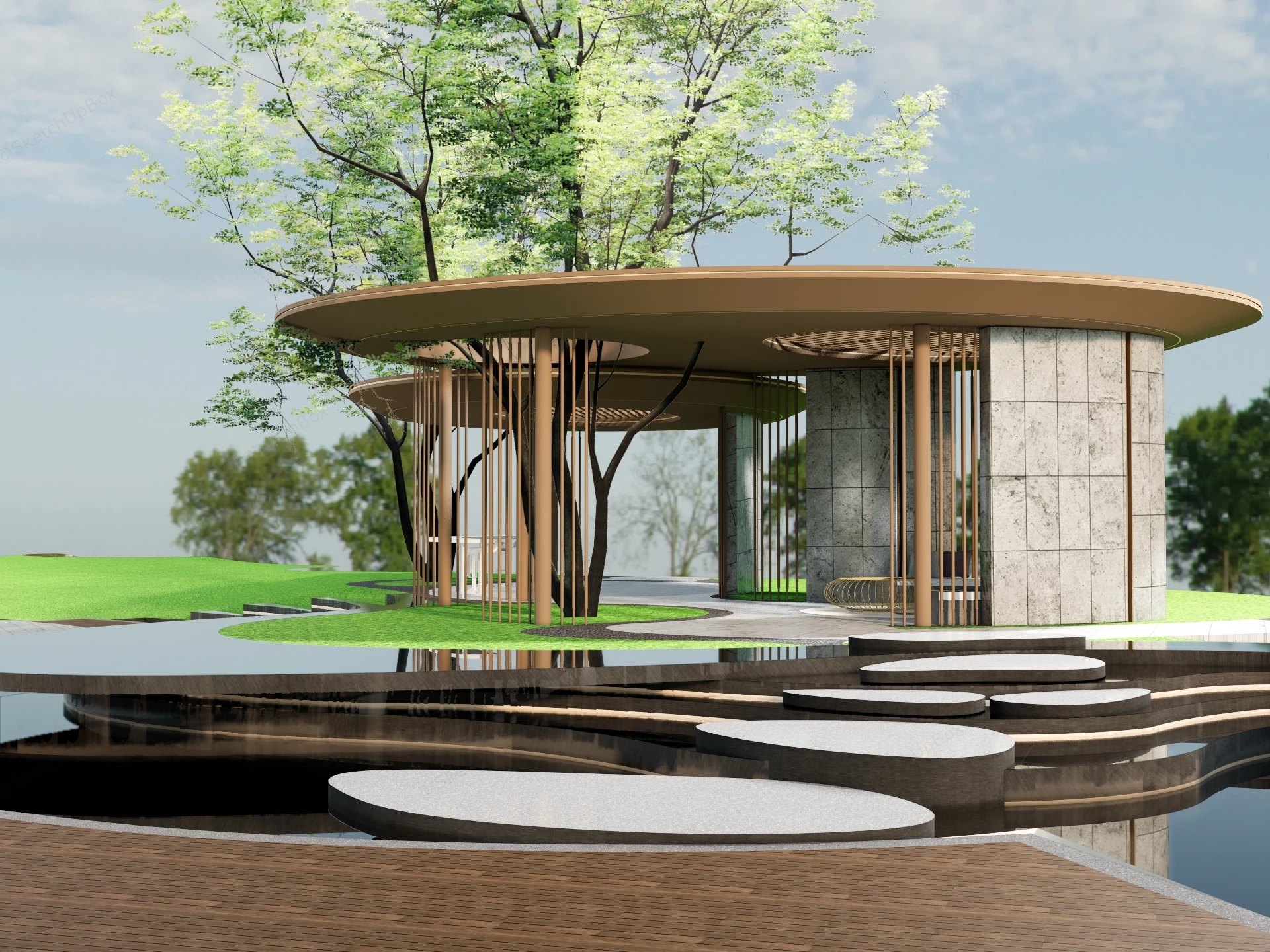 Modern Biophilic Landscape Pavilion sketchup model preview - SketchupBox