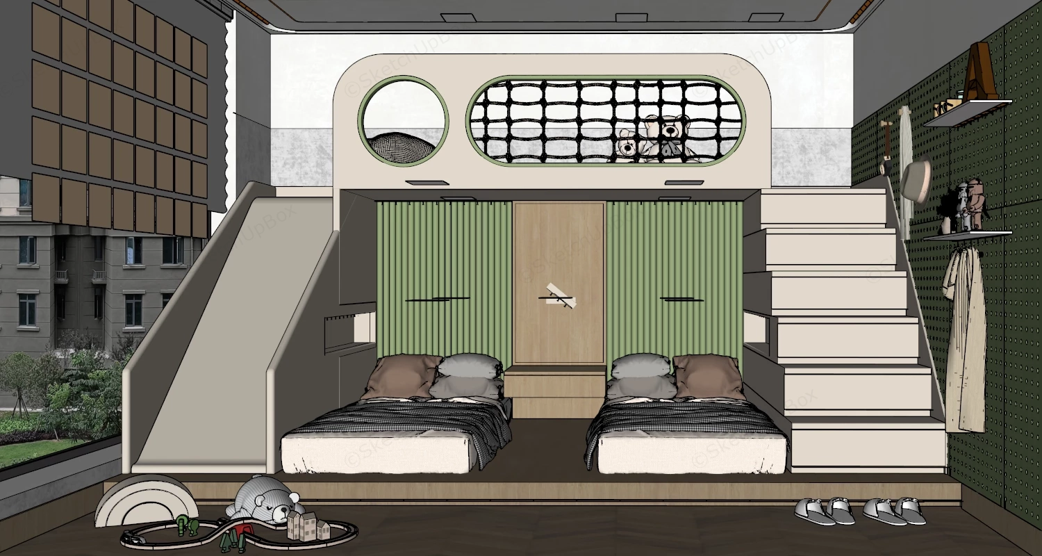 Luxury Modern Shared Children's Bedroom Suite sketchup model preview - SketchupBox