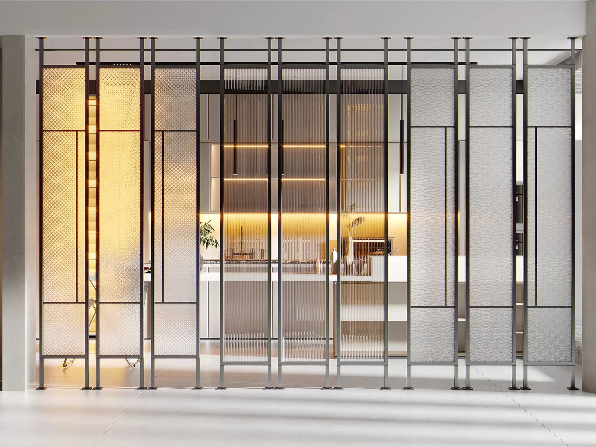 Modern Multi Textured Glass Partition Wall sketchup model preview - SketchupBox