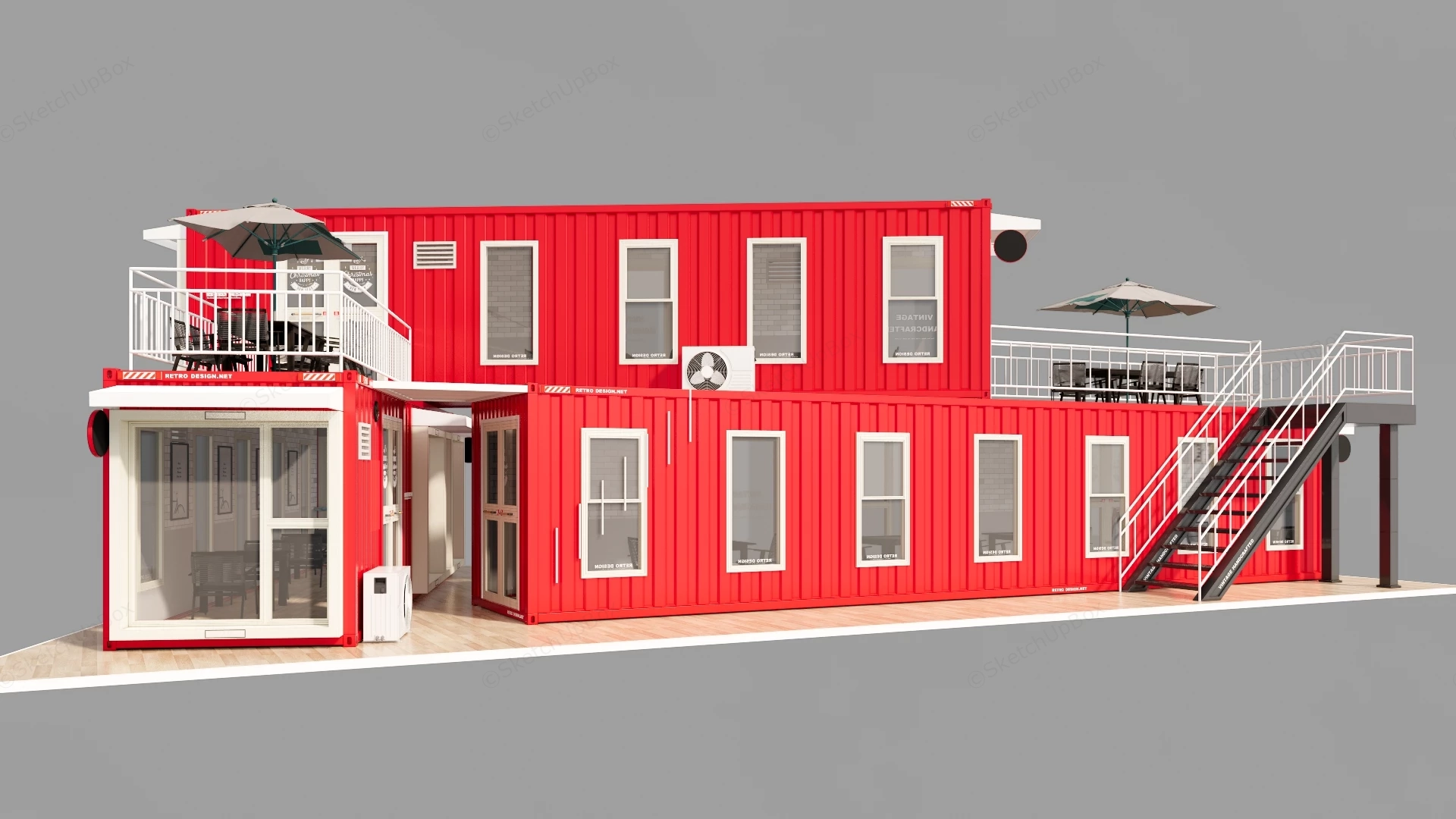 Two Story Red Shipping Container Cafe sketchup model preview - SketchupBox