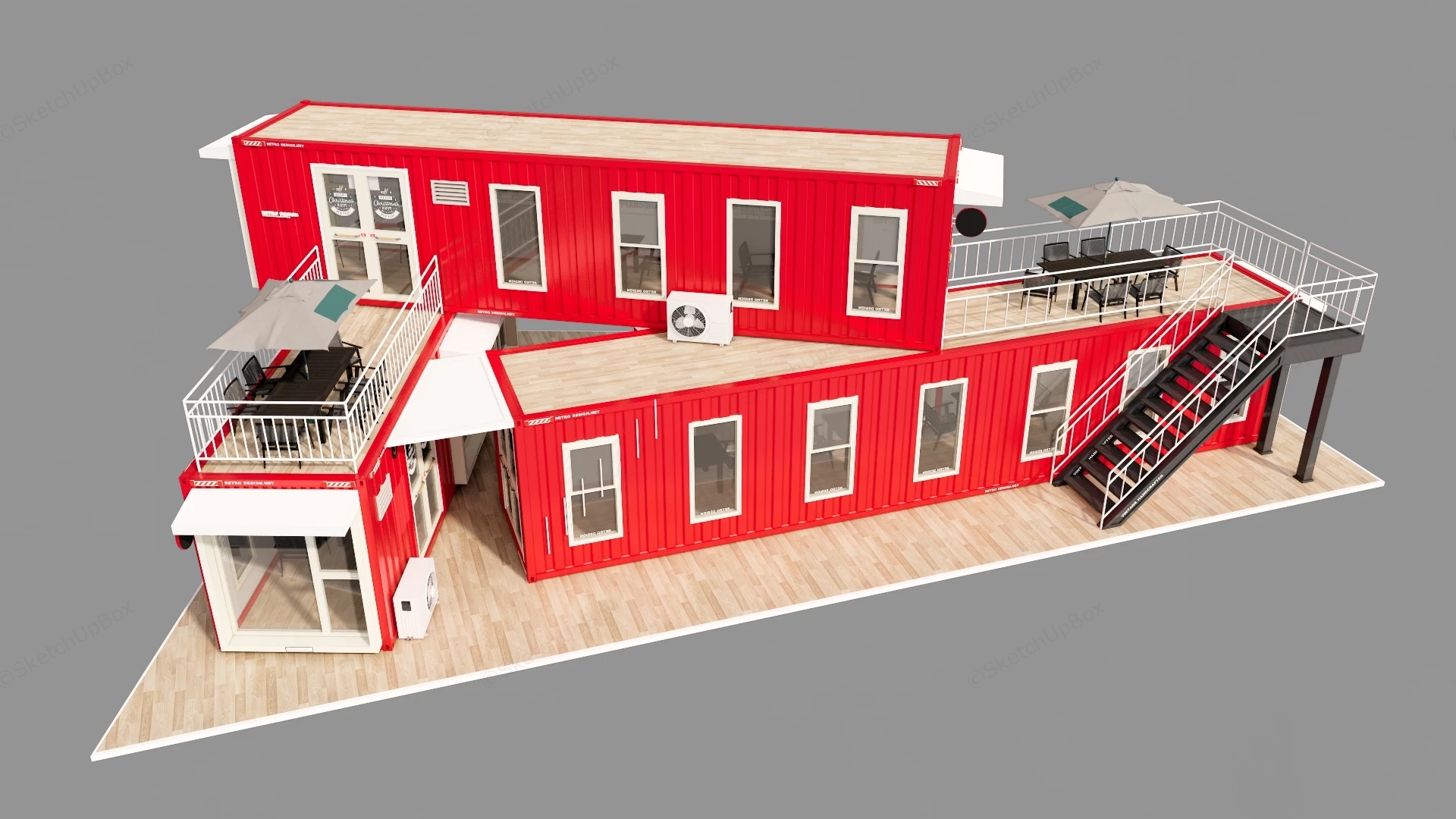 Two Story Red Shipping Container Cafe sketchup model preview - SketchupBox