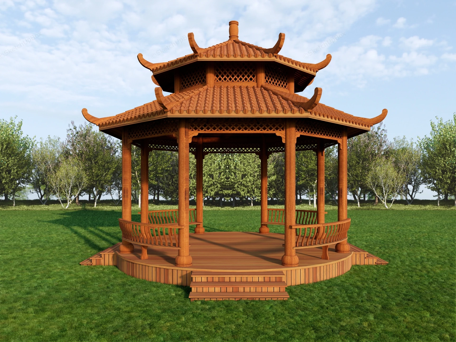 Asian Style Wooden Gazebo sketchup model preview - SketchupBox
