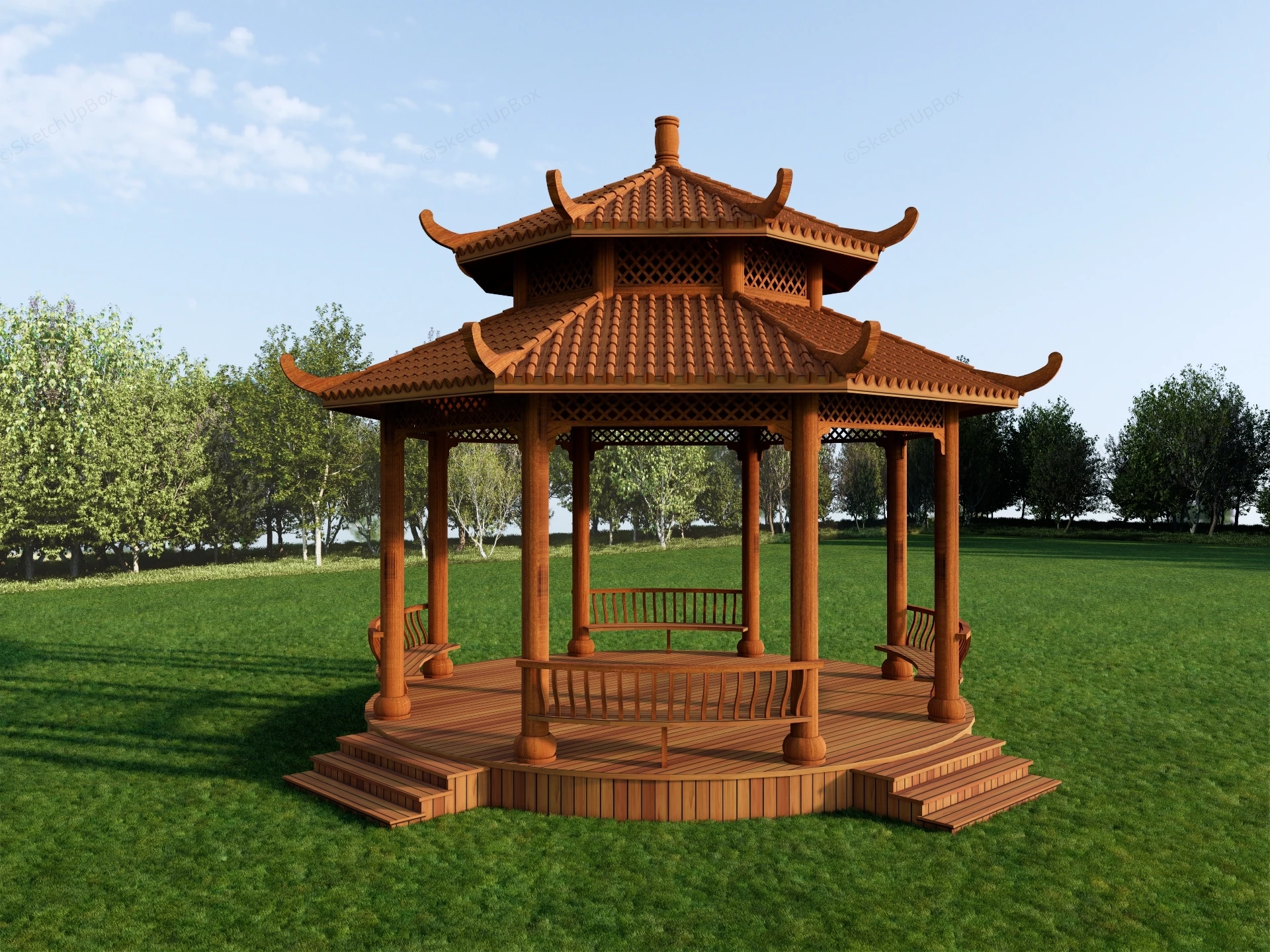 Asian Style Wooden Gazebo sketchup model preview - SketchupBox