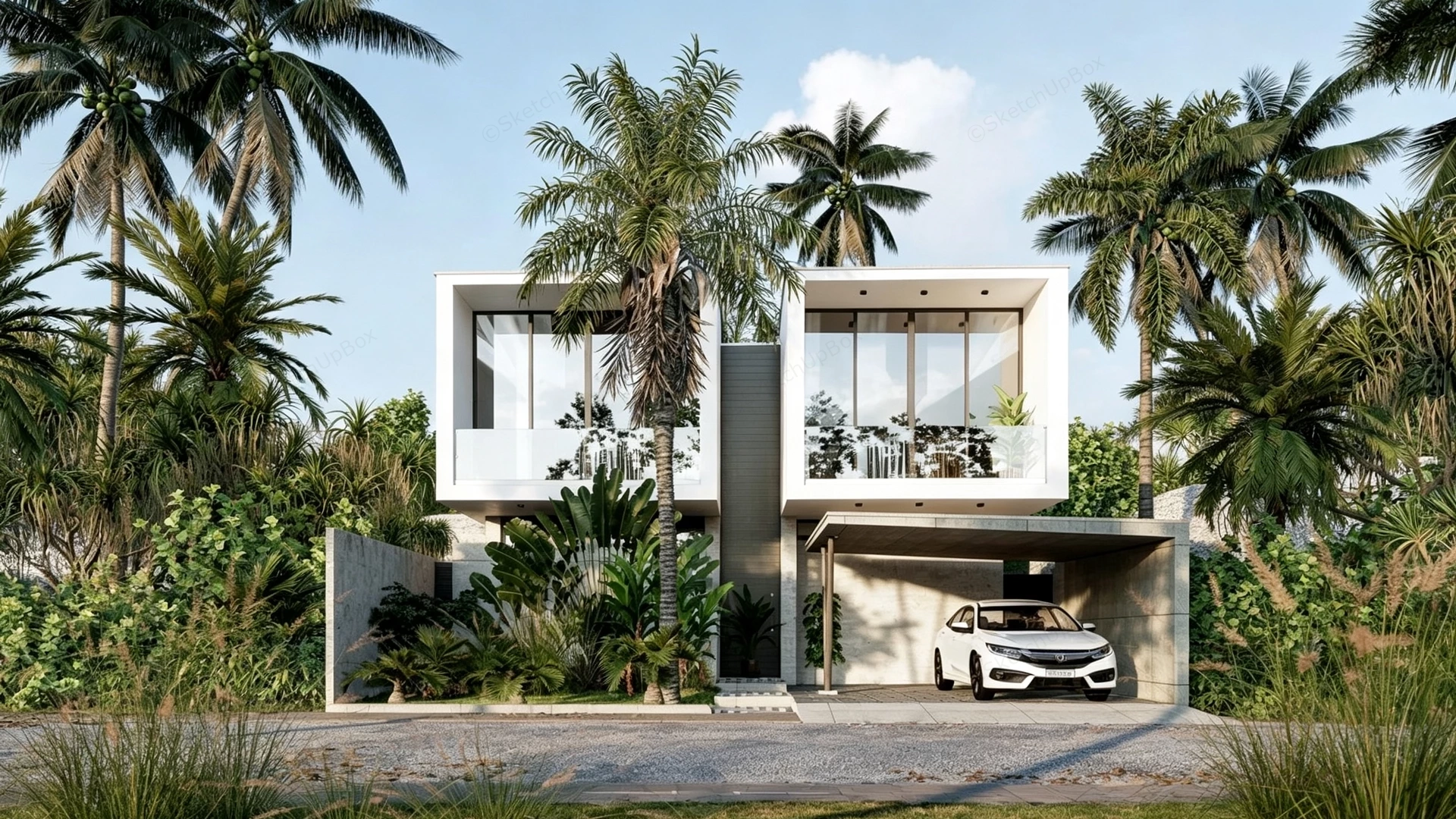 Modern Tropical Two Story House sketchup model preview - SketchupBox