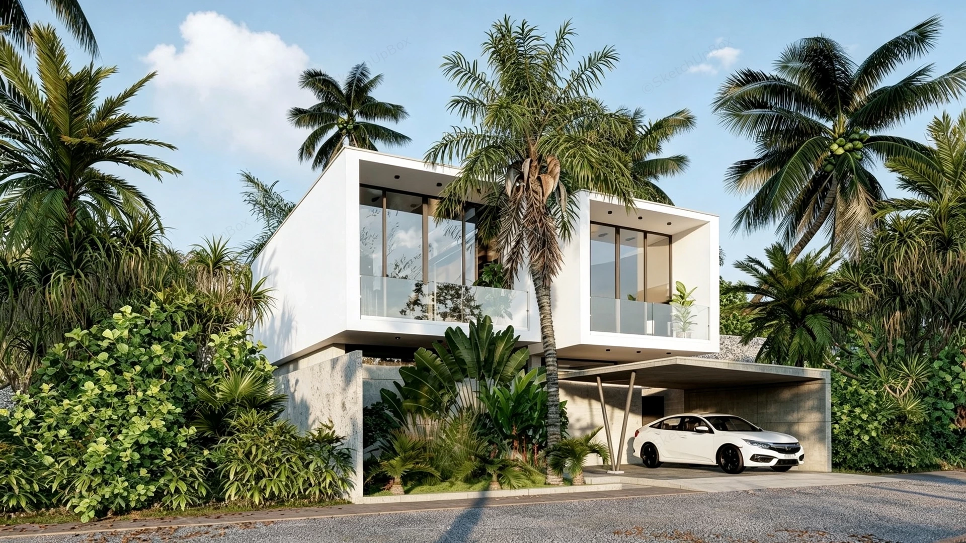 Modern Tropical Two Story House sketchup model preview - SketchupBox