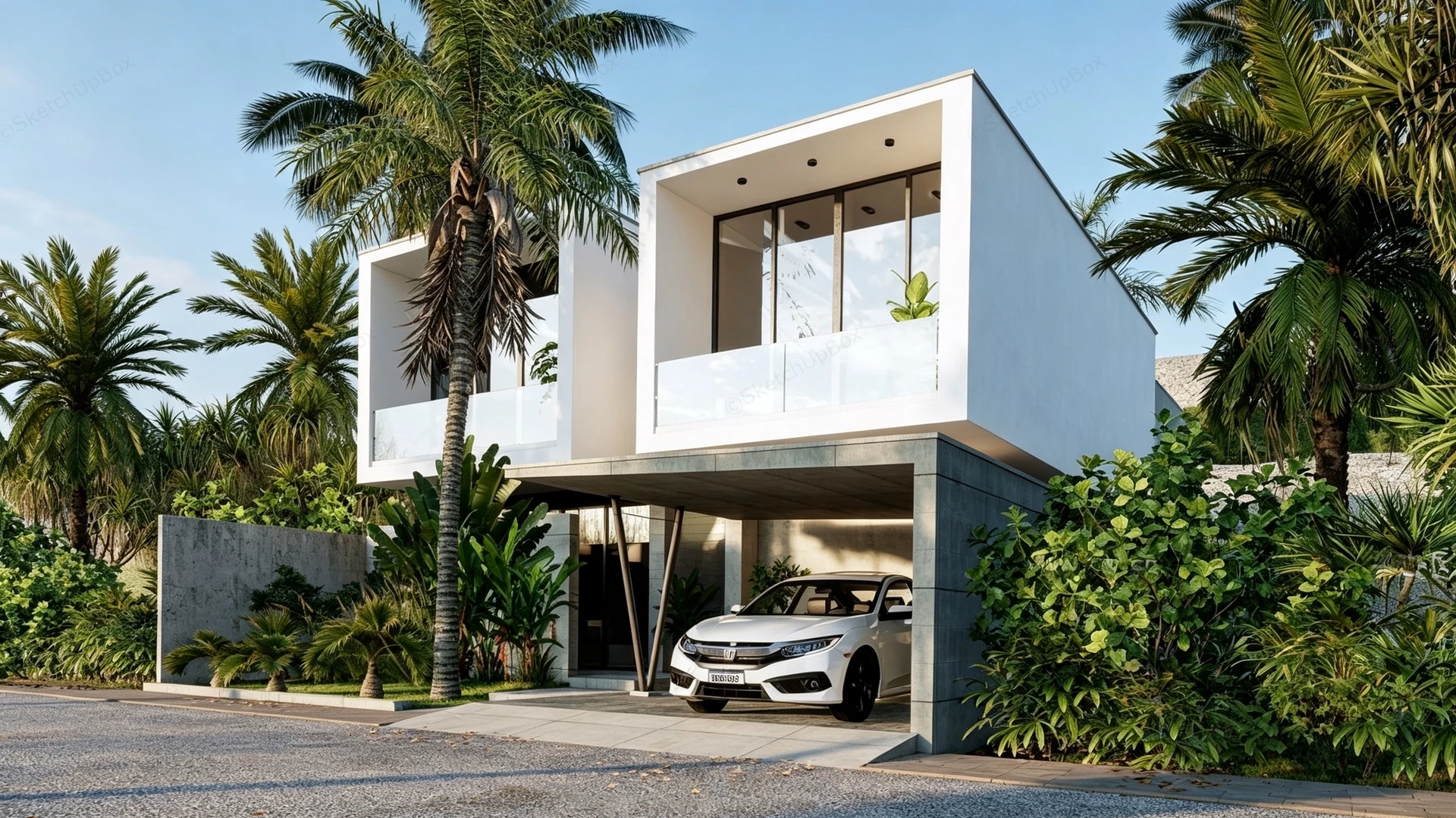 Modern Tropical Two Story House sketchup model preview - SketchupBox
